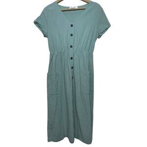 ANGASHION | Green Short Sleeve Button Down Minimalist Midi Dress | Size L